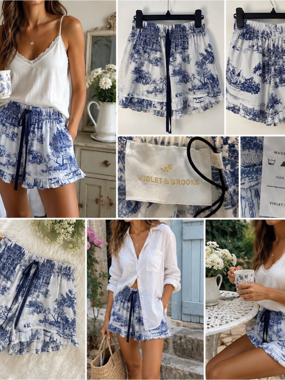 Violet & Brooks Colette Toile Shorts S/M White Blue Ruffle Lounge French Country